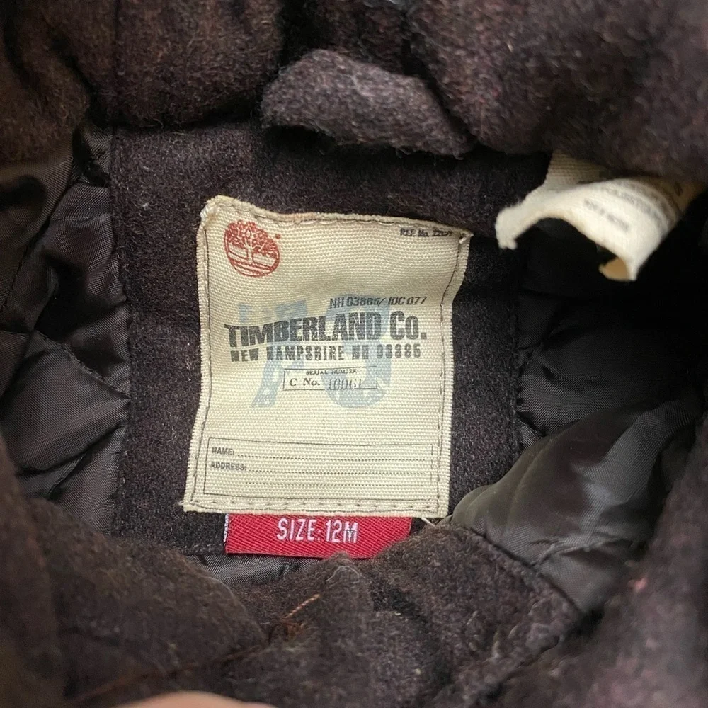 TIMBERLAND chocolate brown wool blend button down hooded coat size 12 month